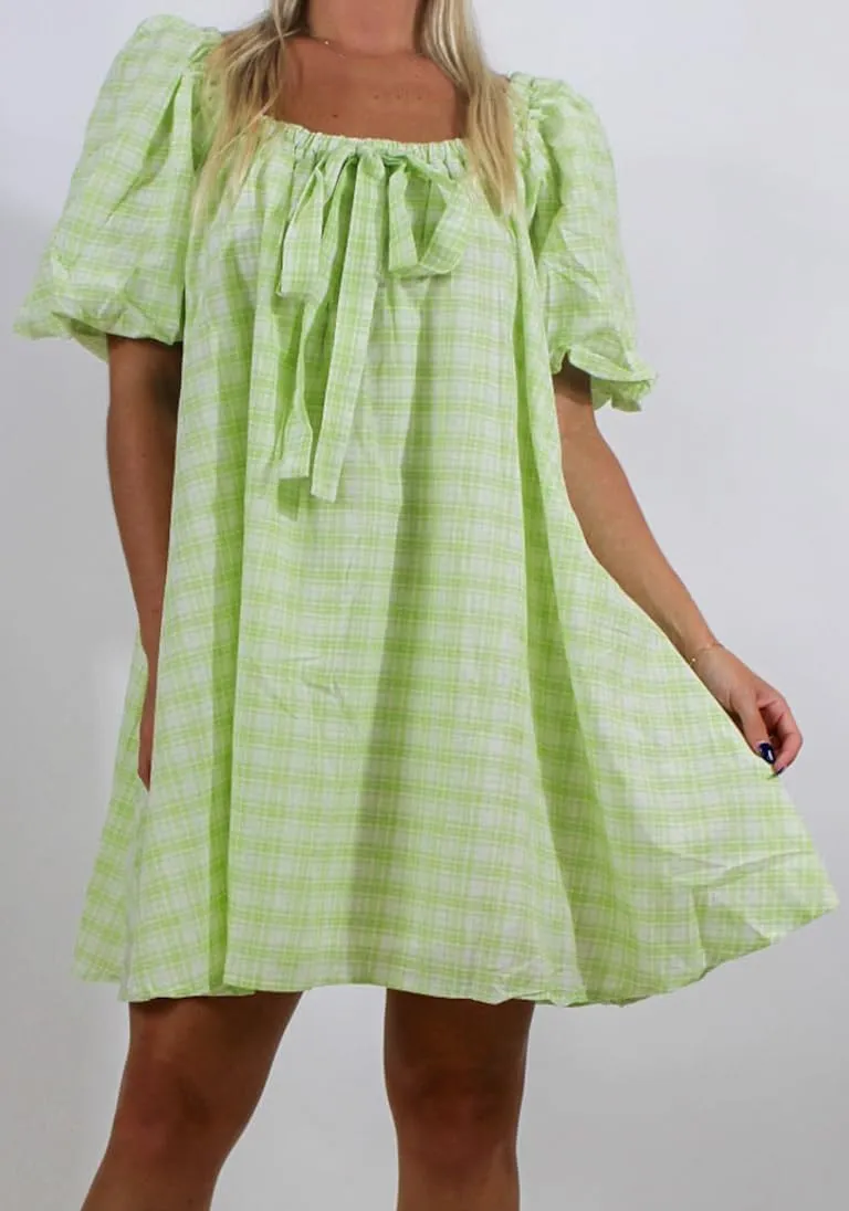 Women Puff Short Sleeve Mini Dress V-Neck Casual Flowy Babydoll Dresses A-Line Ruffle Beach Vacation Short Sundress
