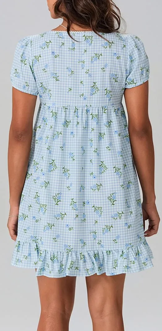 Women Puff Short Sleeve Mini Dress V-Neck Casual Flowy Babydoll Dresses A-Line Ruffle Beach Vacation Short Sundress