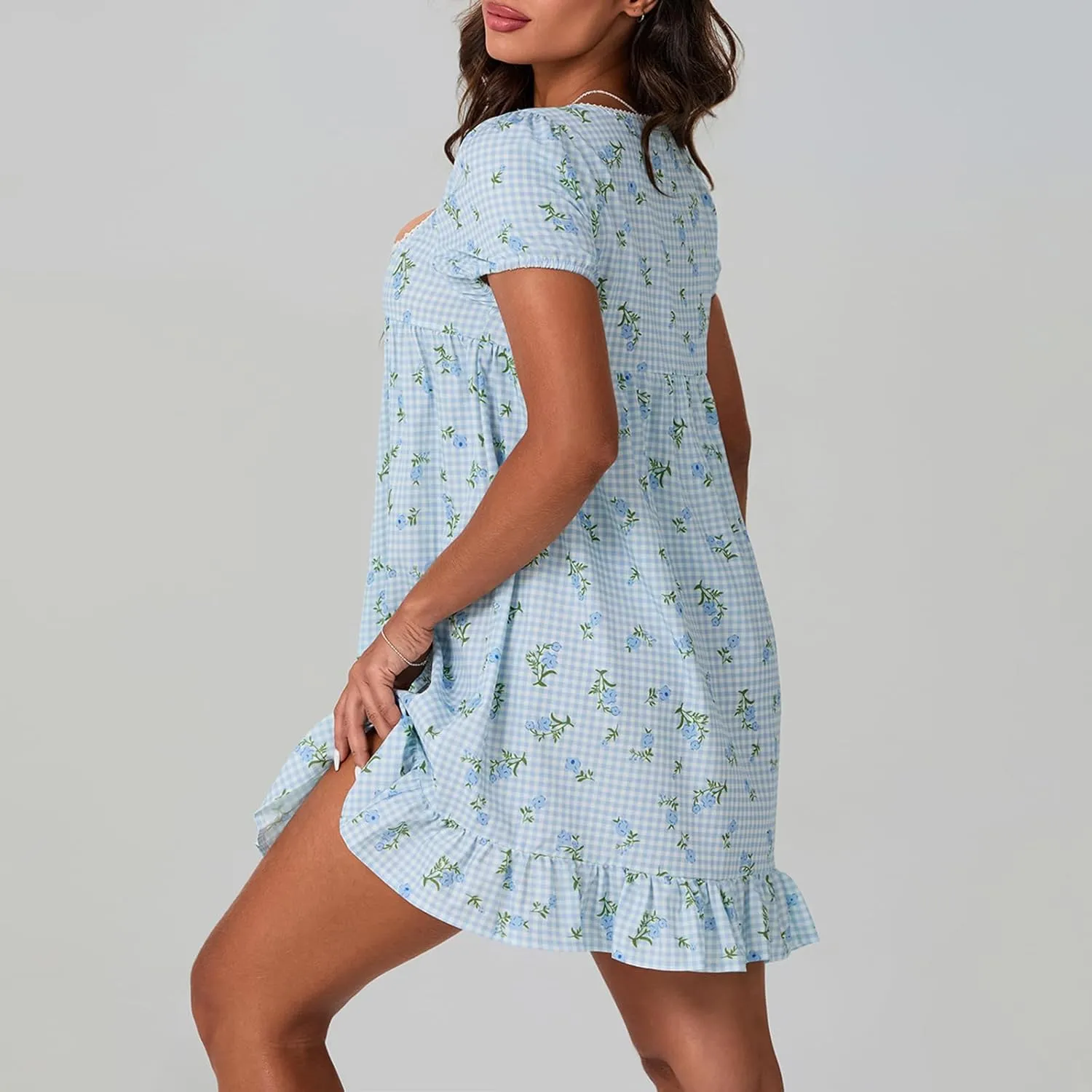 Women Puff Short Sleeve Mini Dress V-Neck Casual Flowy Babydoll Dresses A-Line Ruffle Beach Vacation Short Sundress