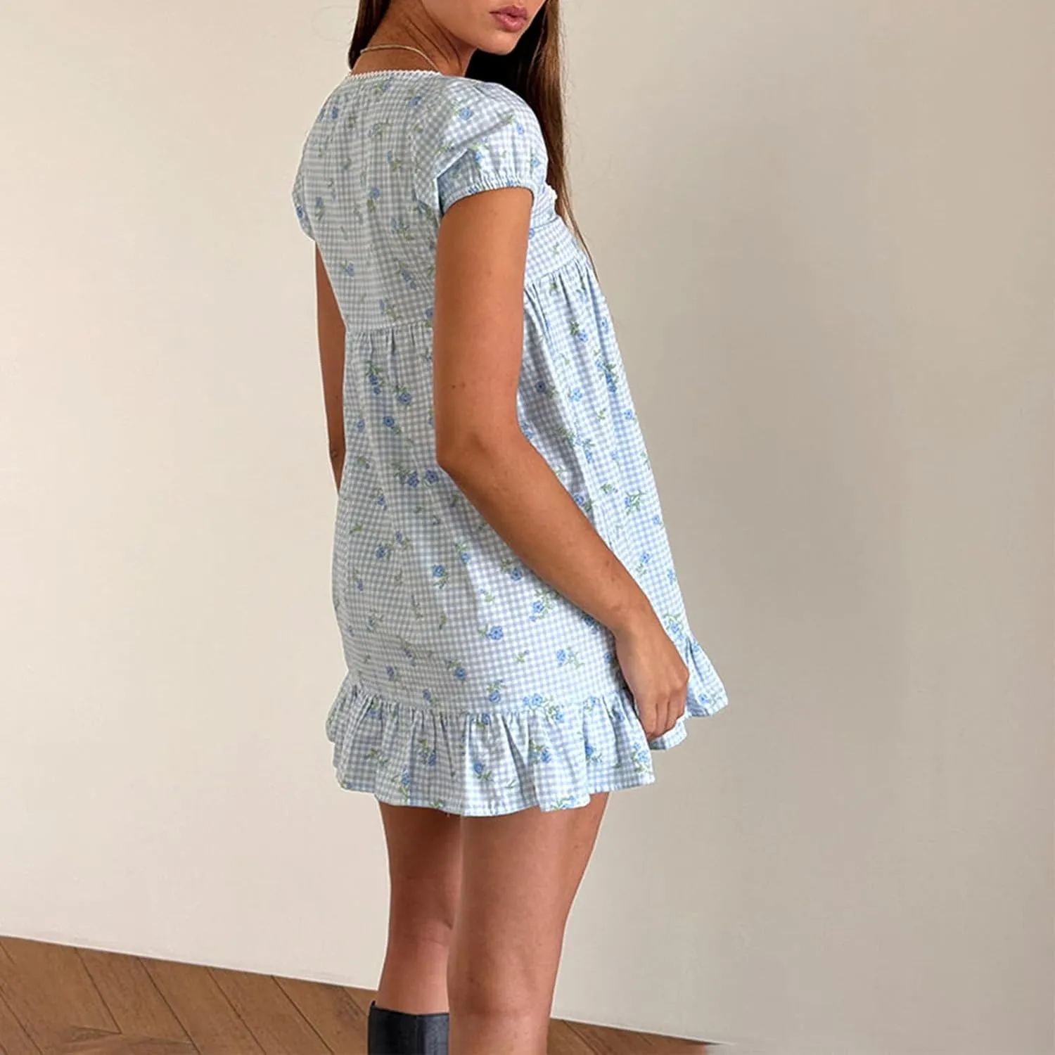 Women Puff Short Sleeve Mini Dress V-Neck Casual Flowy Babydoll Dresses A-Line Ruffle Beach Vacation Short Sundress