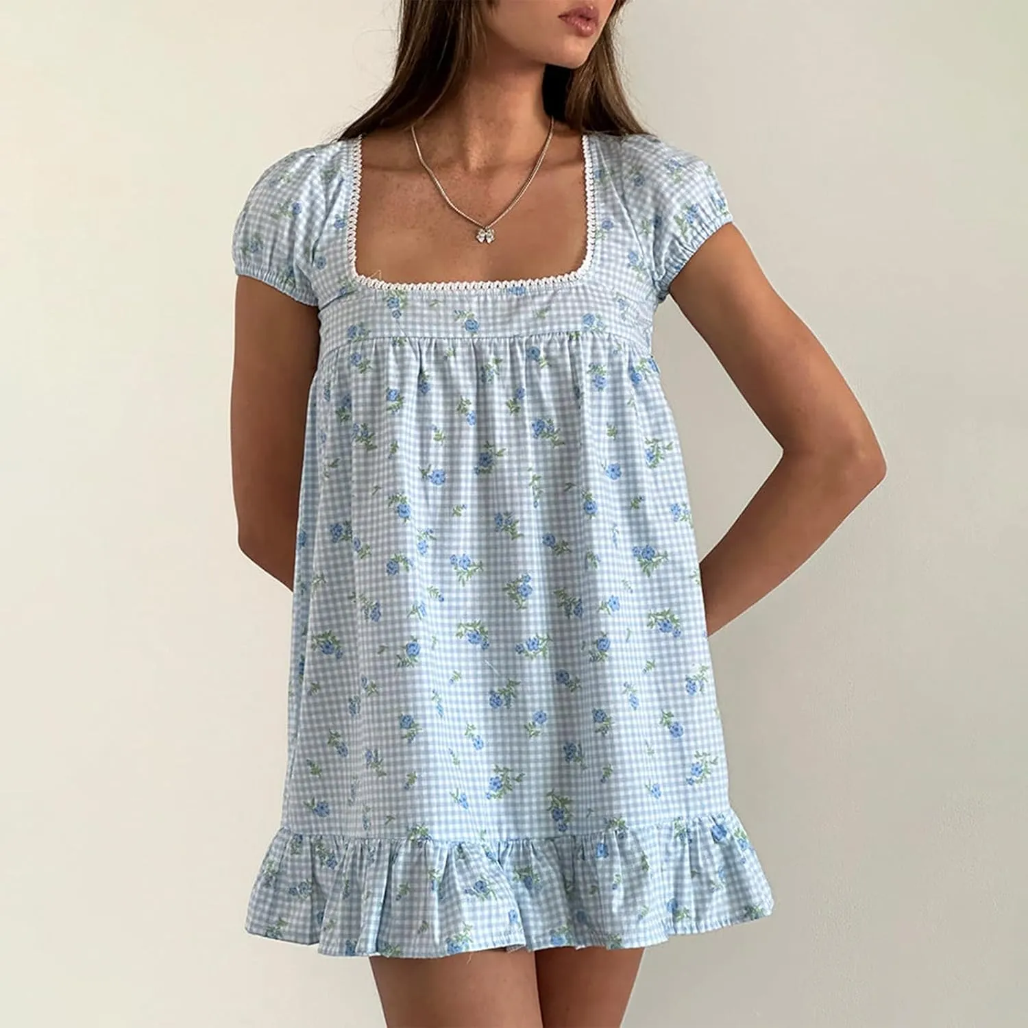 Women Puff Short Sleeve Mini Dress V-Neck Casual Flowy Babydoll Dresses A-Line Ruffle Beach Vacation Short Sundress
