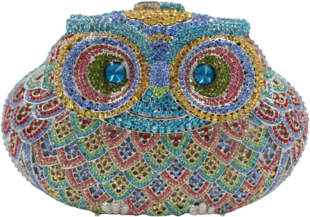 Women Rhinestone Evening Handbag Owl Crystal Clutch Party Purse, Multicolor