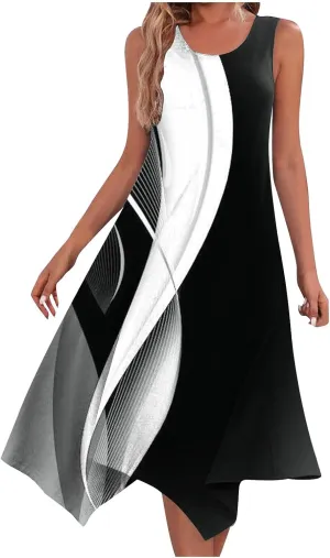 Women 's Hankerchief Hem Maxi Tank Dresses Summer Sleeveless Crew Neck Sundress Casual Ruffle A-Line Boho Dress Casual Dresses for Women Black L