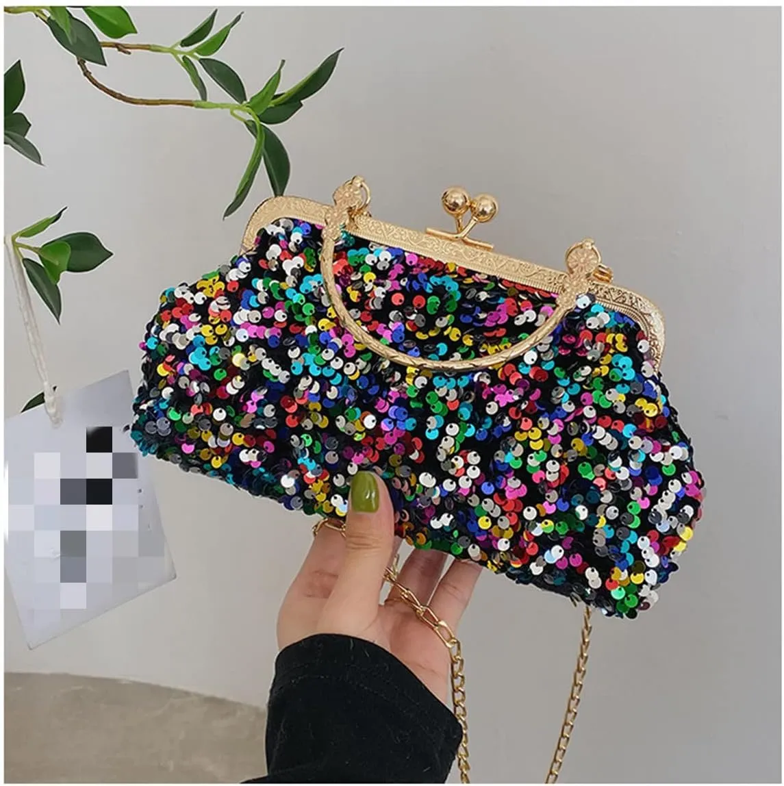 Women Sequins Evening Handbag Glitter Top Handle Purse Chain Cross-body Bag