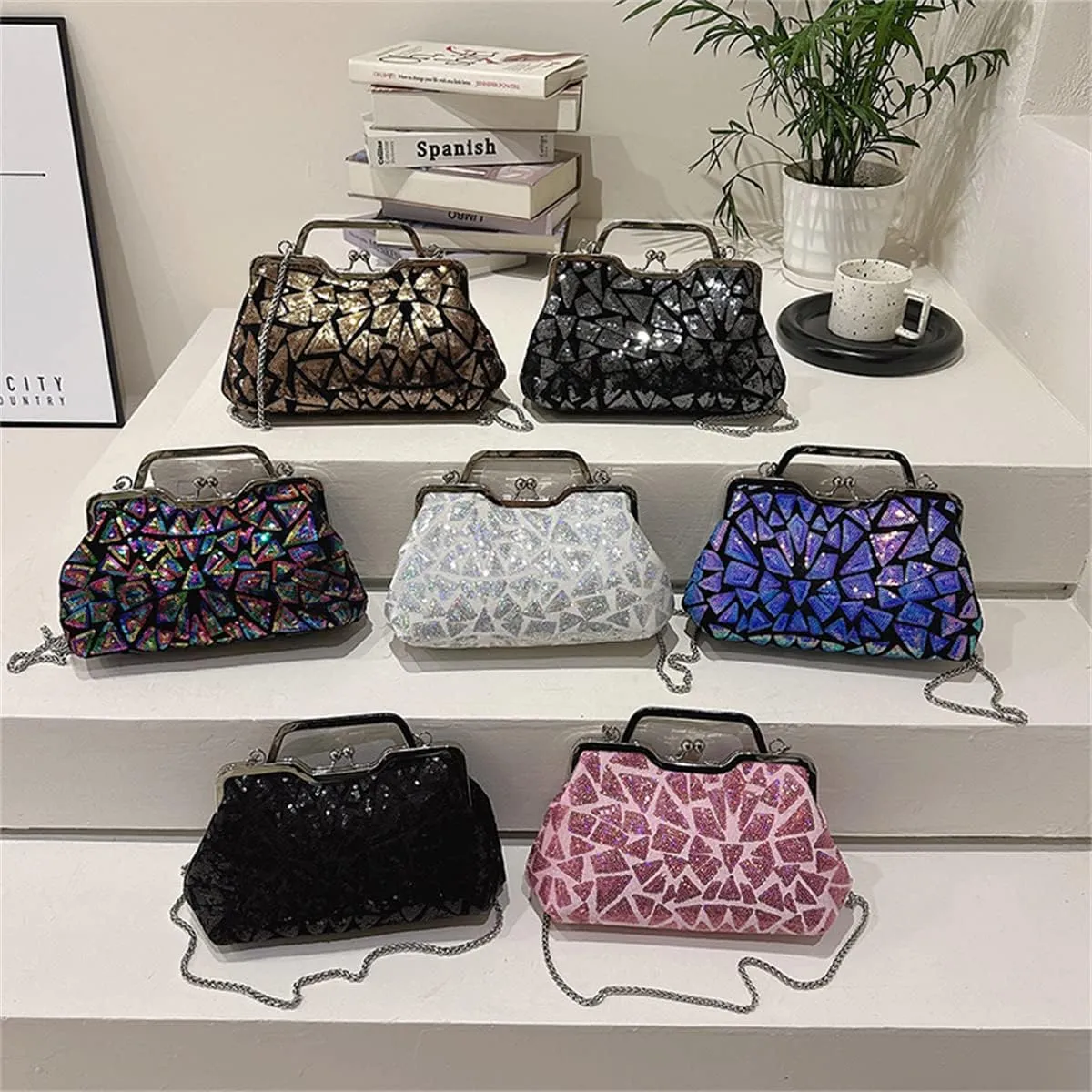 Women Sequins Evening Handbag Glitter Top Handle Purse Chain Cross-body Bag