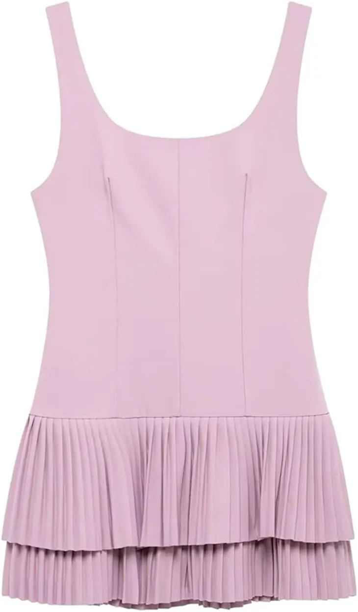 Women Solid Pleated Mini Dress Square Collar Backless Slim Sleevelesss Party Dresses