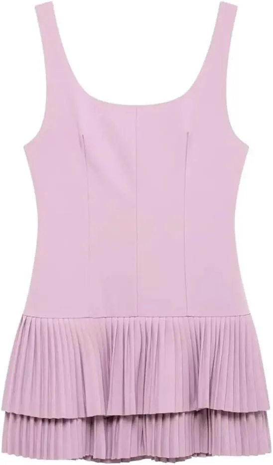 Women Solid Pleated Mini Dress Square Collar Backless Slim Sleevelesss Party Dresses