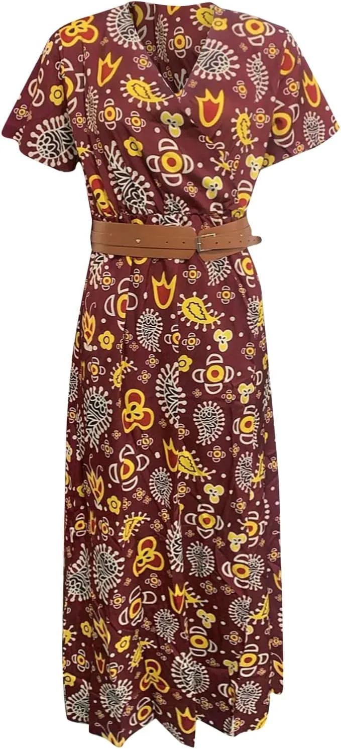 Women Summer Bohemian Floral Casual Wrap V Neck Ruffle Short Sleeve Belt A-Line Pleated Hem Swing Midi Sun Dress
