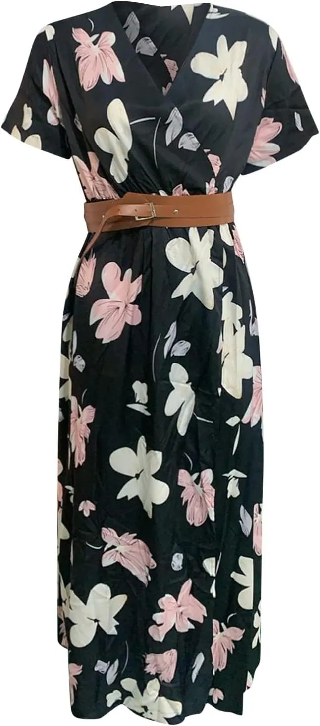 Women Summer Bohemian Floral Casual Wrap V Neck Ruffle Short Sleeve Belt A-Line Pleated Hem Swing Midi Sun Dress