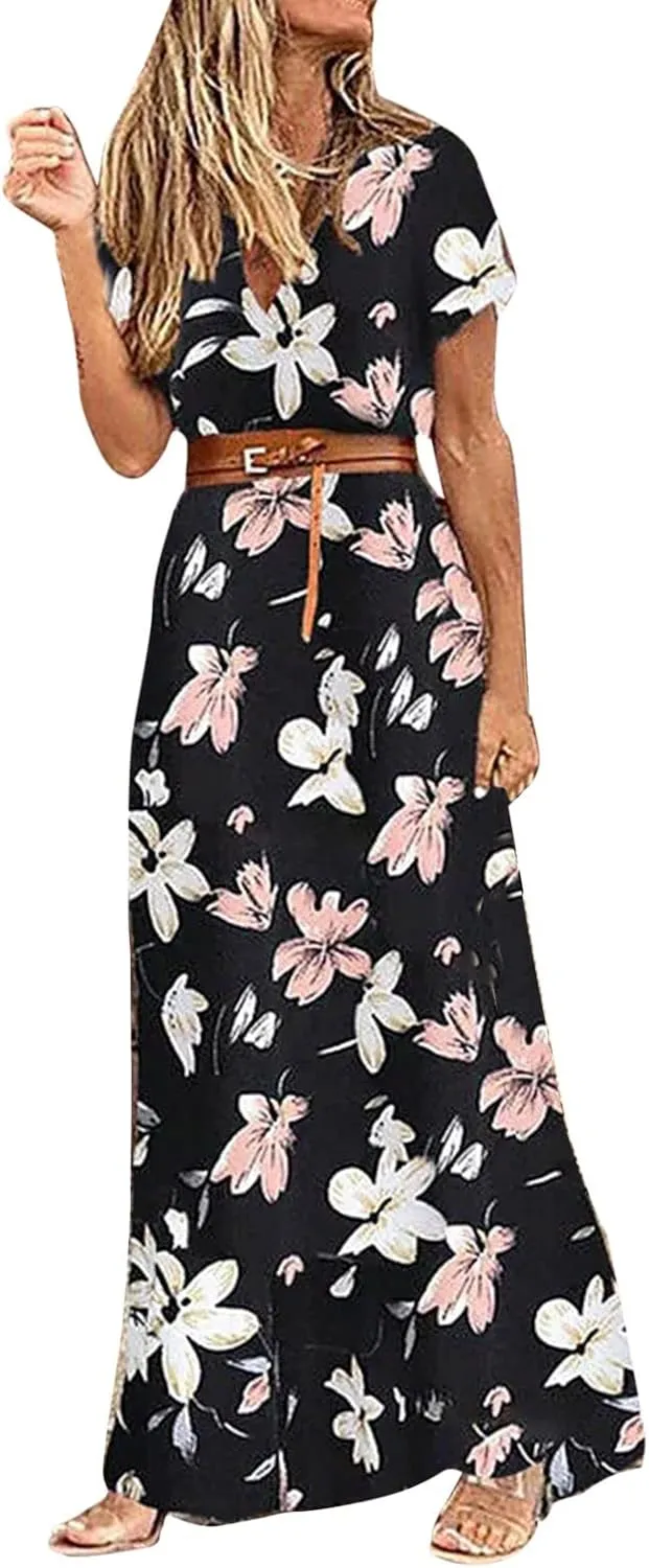 Women Summer Bohemian Floral Casual Wrap V Neck Ruffle Short Sleeve Belt A-Line Pleated Hem Swing Midi Sun Dress
