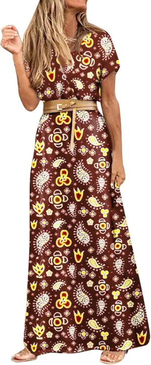 Women Summer Bohemian Floral Casual Wrap V Neck Ruffle Short Sleeve Belt A-Line Pleated Hem Swing Midi Sun Dress