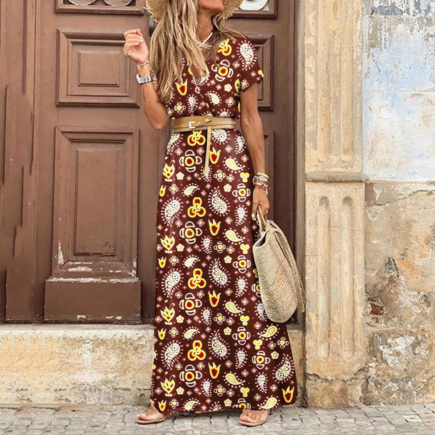 Women Summer Bohemian Floral Casual Wrap V Neck Ruffle Short Sleeve Belt A-Line Pleated Hem Swing Midi Sun Dress