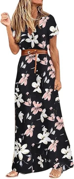 Women Summer Bohemian Floral Casual Wrap V Neck Ruffle Short Sleeve Belt A-Line Pleated Hem Swing Midi Sun Dress