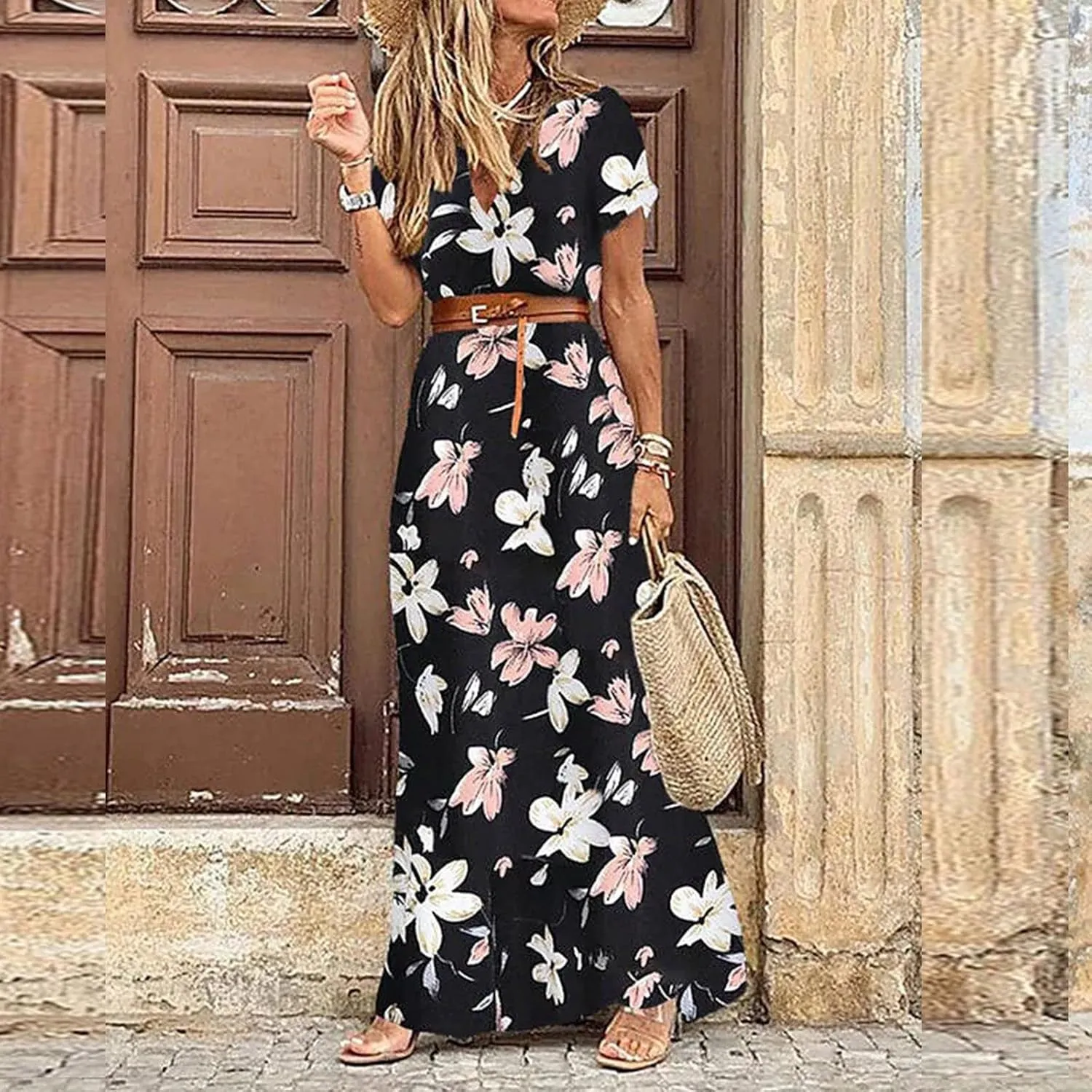 Women Summer Bohemian Floral Casual Wrap V Neck Ruffle Short Sleeve Belt A-Line Pleated Hem Swing Midi Sun Dress