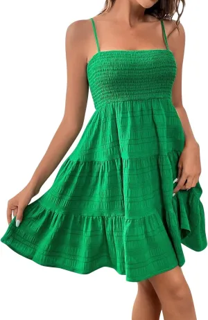 Women Summer Dresses Square Neck Spaghetti Strap Dress Casual Sleeveless Smocked Sundress A Line Tiered Beach Outfits