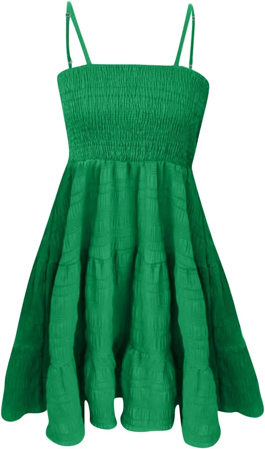 Women Summer Dresses Square Neck Spaghetti Strap Dress Casual Sleeveless Smocked Sundress A Line Tiered Beach Outfits