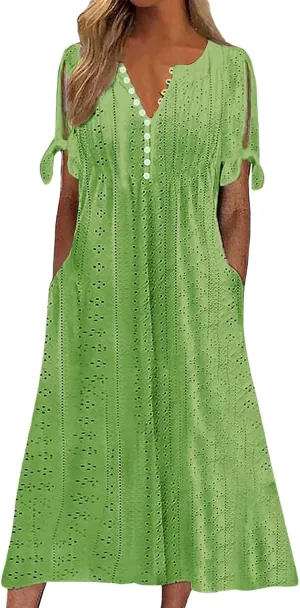 Women Summer Ruffle Hem Floral Lace Eyelet Dress Casual Notch Neck Midi Tunic Dress with Pocket A Line Casual Sundress