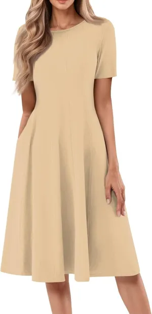 Women Summer Short Sleeve Midi Dress with Pockets Casual Aline Flowy Tshirt Dress Floral Vocation Beach Sundress