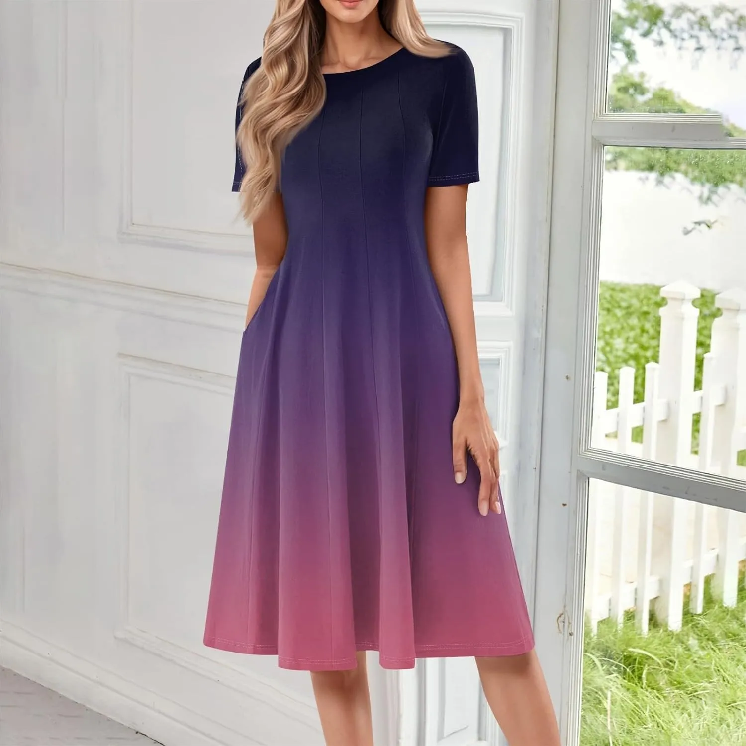 Women Summer Short Sleeve Midi Dress with Pockets Casual Aline Flowy Tshirt Dress Floral Vocation Beach Sundress