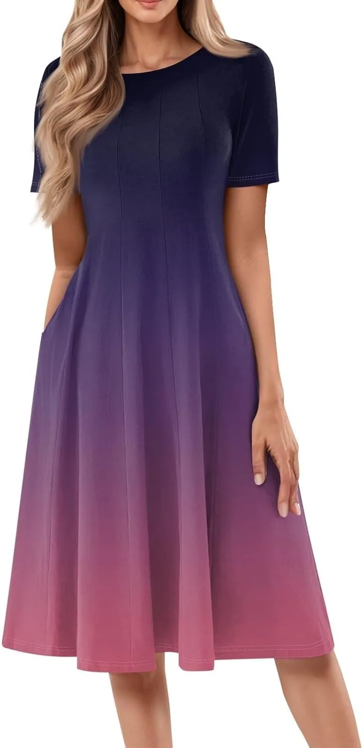 Women Summer Short Sleeve Midi Dress with Pockets Casual Aline Flowy Tshirt Dress Floral Vocation Beach Sundress