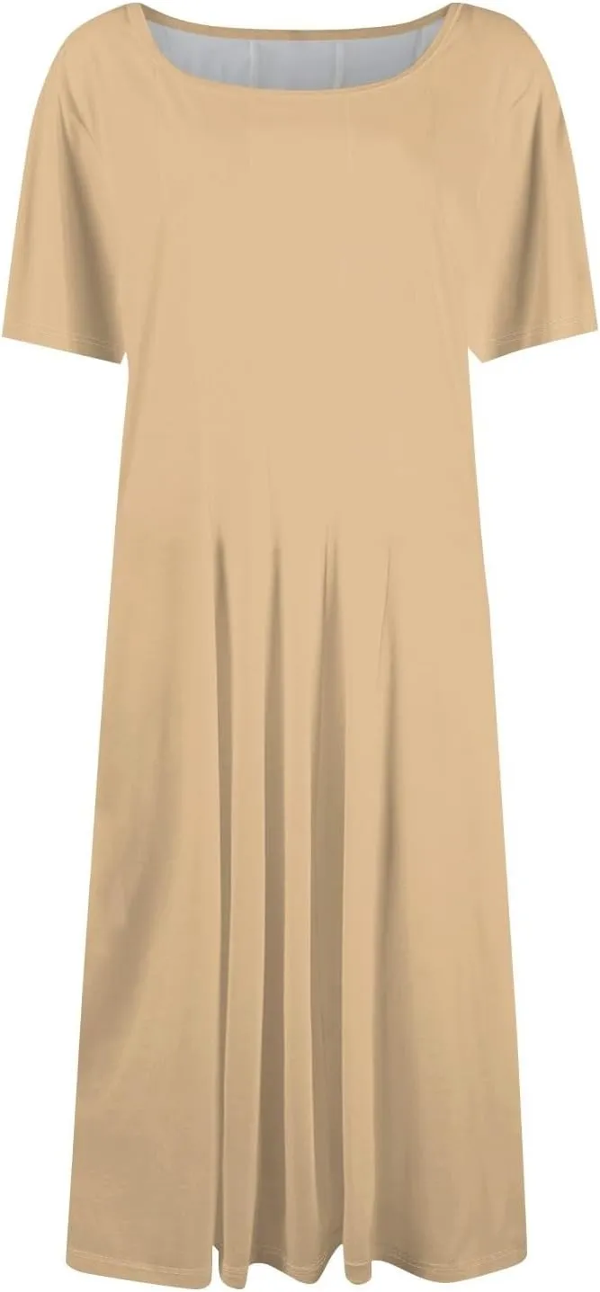 Women Summer Short Sleeve Midi Dress with Pockets Casual Aline Flowy Tshirt Dress Floral Vocation Beach Sundress