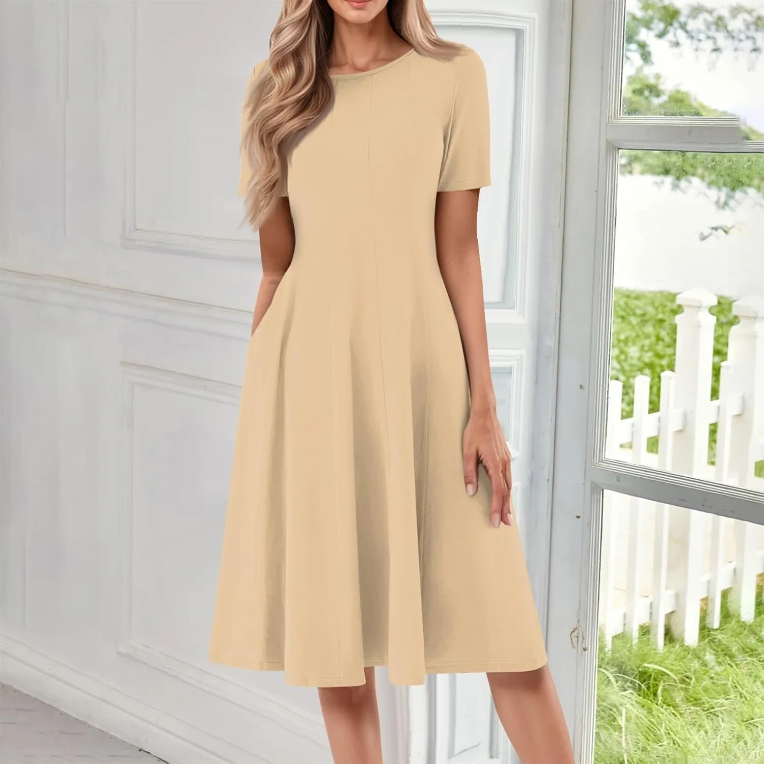 Women Summer Short Sleeve Midi Dress with Pockets Casual Aline Flowy Tshirt Dress Floral Vocation Beach Sundress