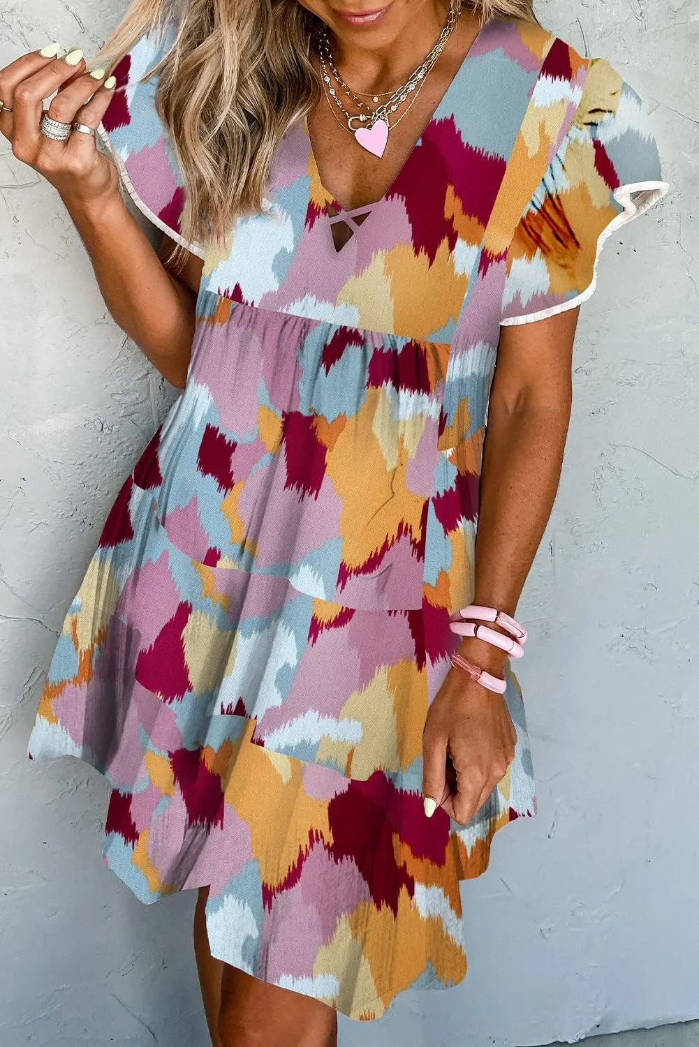 Women Summer V Neck Casual Loose Mini Dress Short Sleeve Ruffle Printed Beach Swing Sun Flowy A-line Dresses Sundress