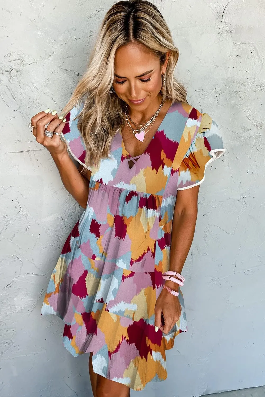 Women Summer V Neck Casual Loose Mini Dress Short Sleeve Ruffle Printed Beach Swing Sun Flowy A-line Dresses Sundress