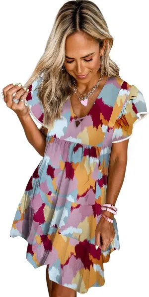 Women Summer V Neck Casual Loose Mini Dress Short Sleeve Ruffle Printed Beach Swing Sun Flowy A-line Dresses Sundress