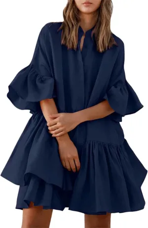 Women Tie Front Elastic Waist Tiered Ruffle Layer Floral Balloon Long Sleeve V Neck Dress Casual Skirts for Women