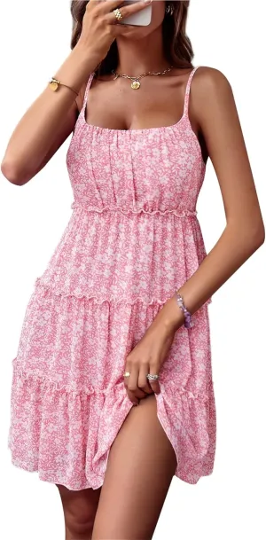 Womens 2024 Summer Floral Mini Dress Flowy Boho Beach Short Dresses Sleeveless Ruffle Spaghetti Strap Sundresses
