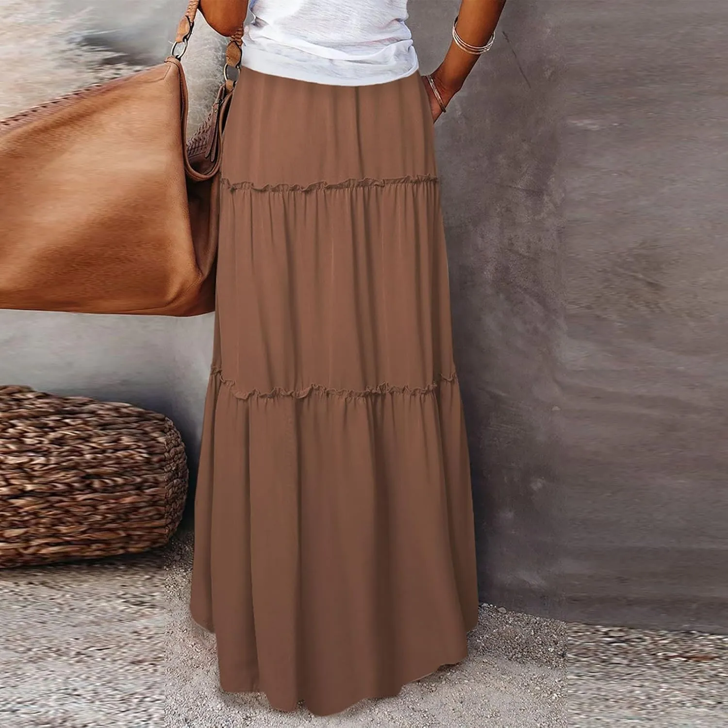 Women's 2025 Summer Boho Maxi Skirt Floral Print High Waisted Vacation Outfit - Flowy Beach Skirt with Pockets