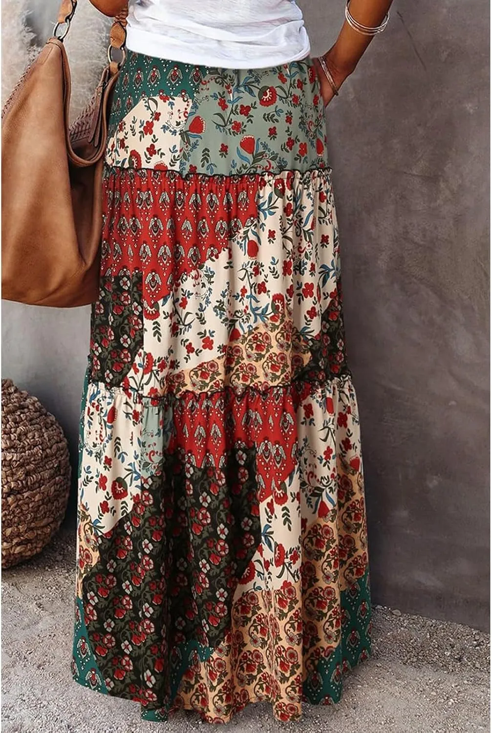 Women's 2025 Summer Boho Maxi Skirt Floral Print High Waisted Vacation Outfit - Flowy Beach Skirt with Pockets
