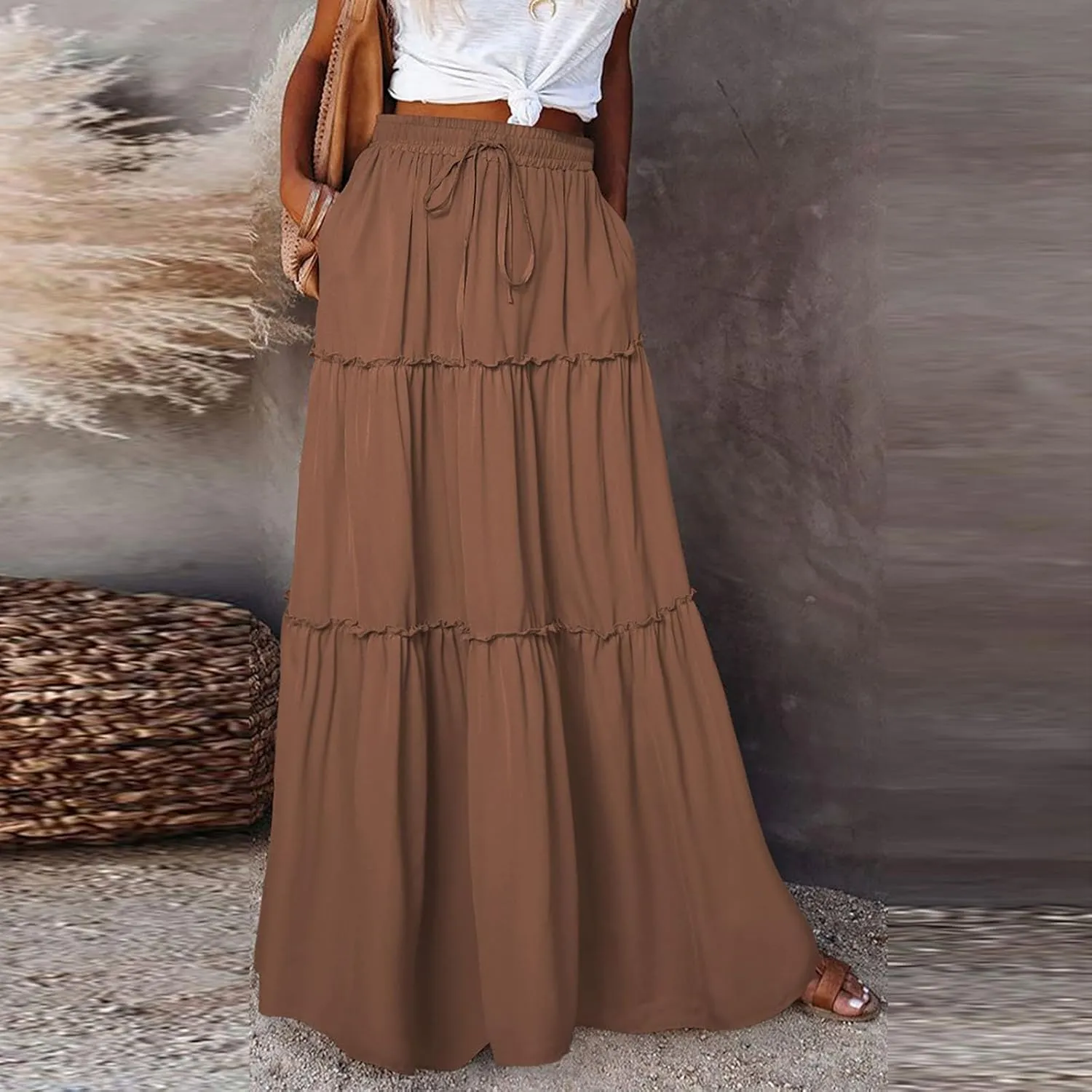 Women's 2025 Summer Boho Maxi Skirt Floral Print High Waisted Vacation Outfit - Flowy Beach Skirt with Pockets