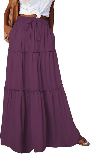Women's 2025 Summer Boho Maxi Skirt Floral Print High Waisted Vacation Outfit - Flowy Beach Skirt with Pockets