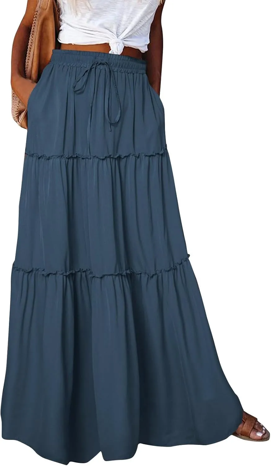 Women's 2025 Summer Boho Maxi Skirt Floral Print High Waisted Vacation Outfit - Flowy Beach Skirt with Pockets