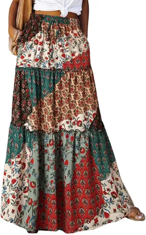 Women's 2025 Summer Boho Maxi Skirt Floral Print High Waisted Vacation Outfit - Flowy Beach Skirt with Pockets