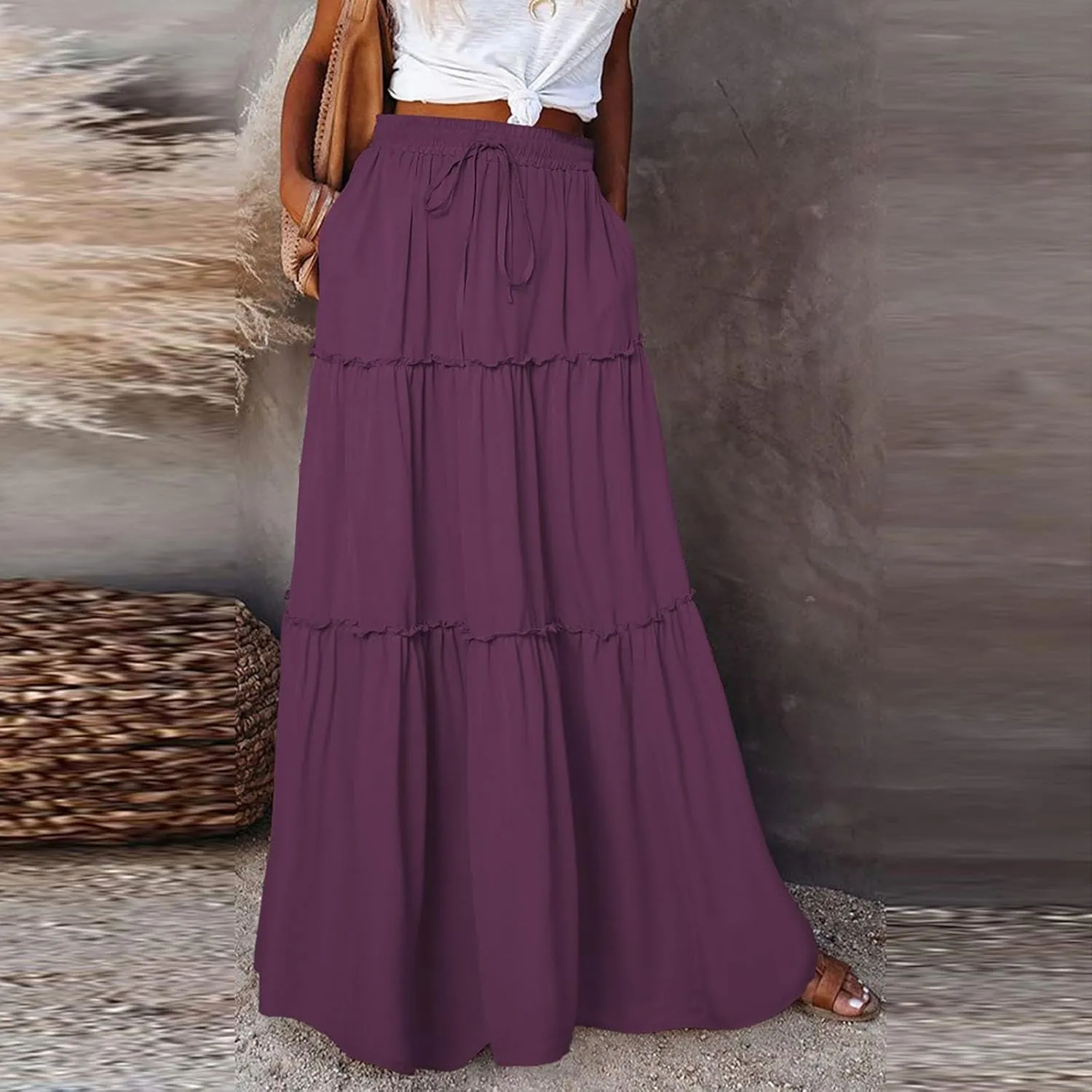 Women's 2025 Summer Boho Maxi Skirt Floral Print High Waisted Vacation Outfit - Flowy Beach Skirt with Pockets