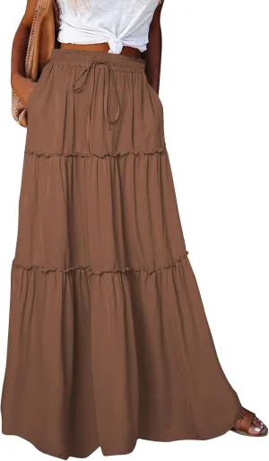 Women's 2025 Summer Boho Maxi Skirt Floral Print High Waisted Vacation Outfit - Flowy Beach Skirt with Pockets