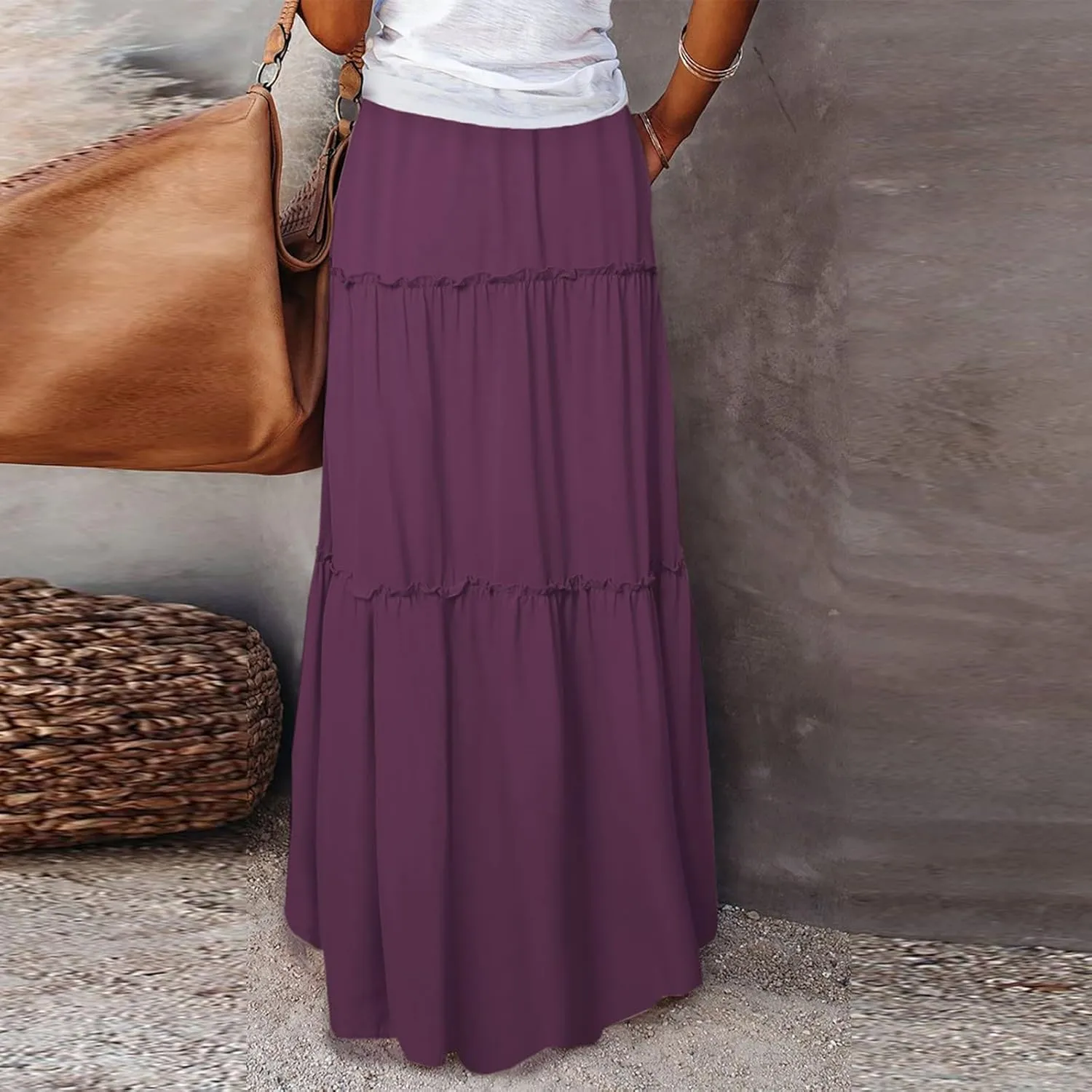 Women's 2025 Summer Boho Maxi Skirt Floral Print High Waisted Vacation Outfit - Flowy Beach Skirt with Pockets