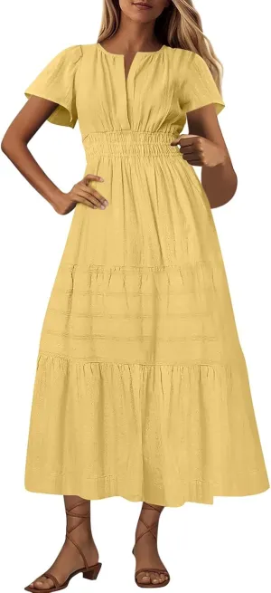 Womens 2025 Summer Casual Midi Dresses Casual Short Sleeve V Neck Elastic Waist Boho Beach Dress with Pockets