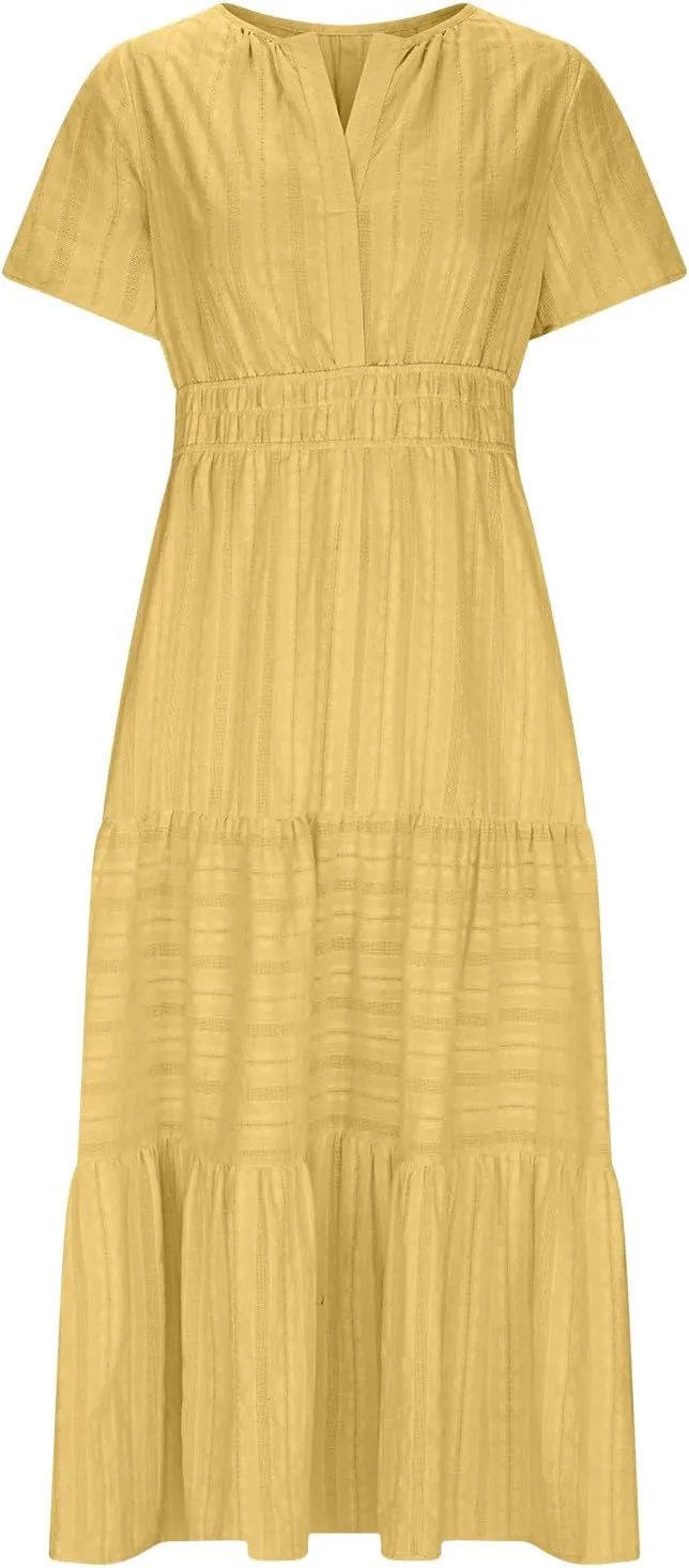Womens 2025 Summer Casual Midi Dresses Casual Short Sleeve V Neck Elastic Waist Boho Beach Dress with Pockets