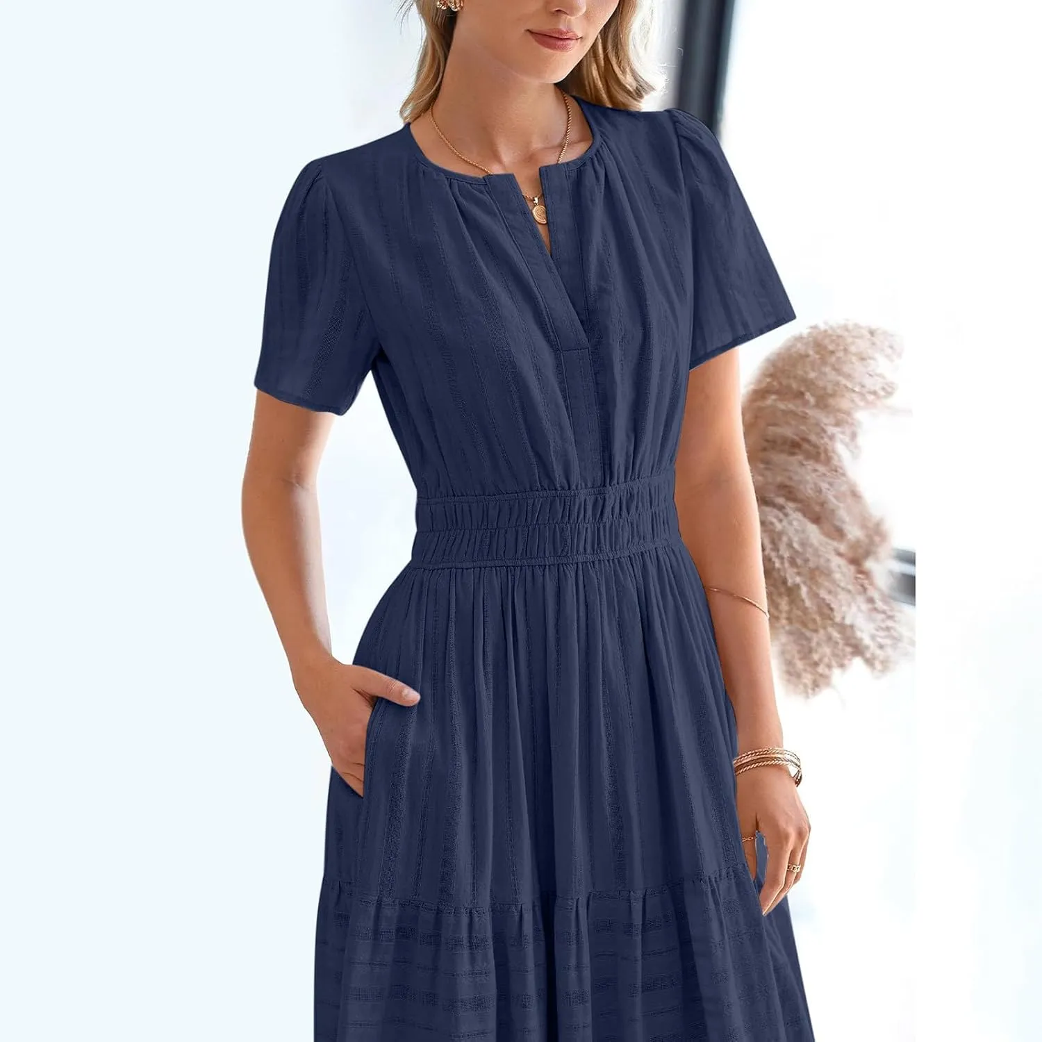 Womens 2025 Summer Casual Midi Dresses Casual Short Sleeve V Neck Elastic Waist Boho Beach Dress with Pockets