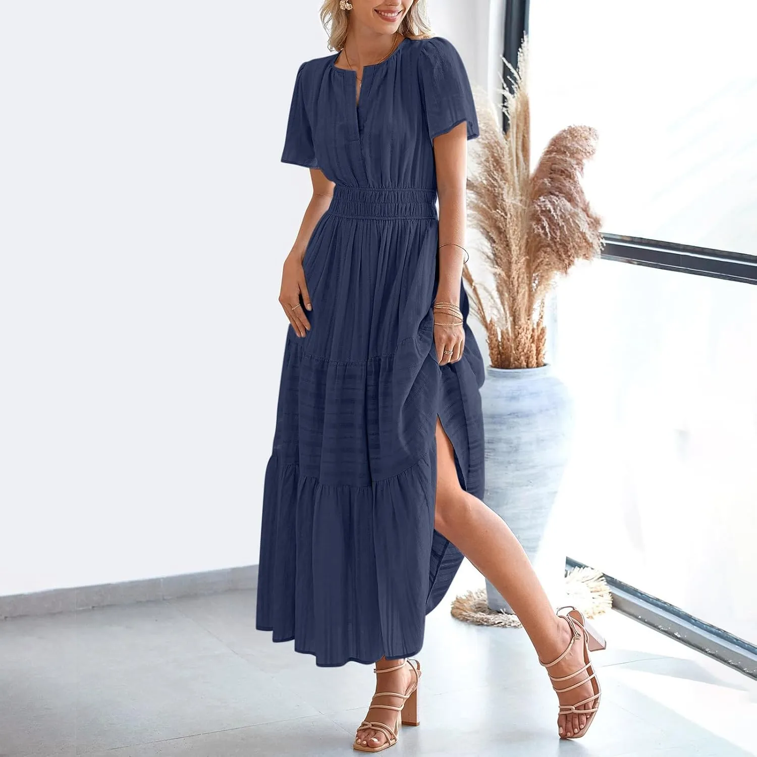 Womens 2025 Summer Casual Midi Dresses Casual Short Sleeve V Neck Elastic Waist Boho Beach Dress with Pockets