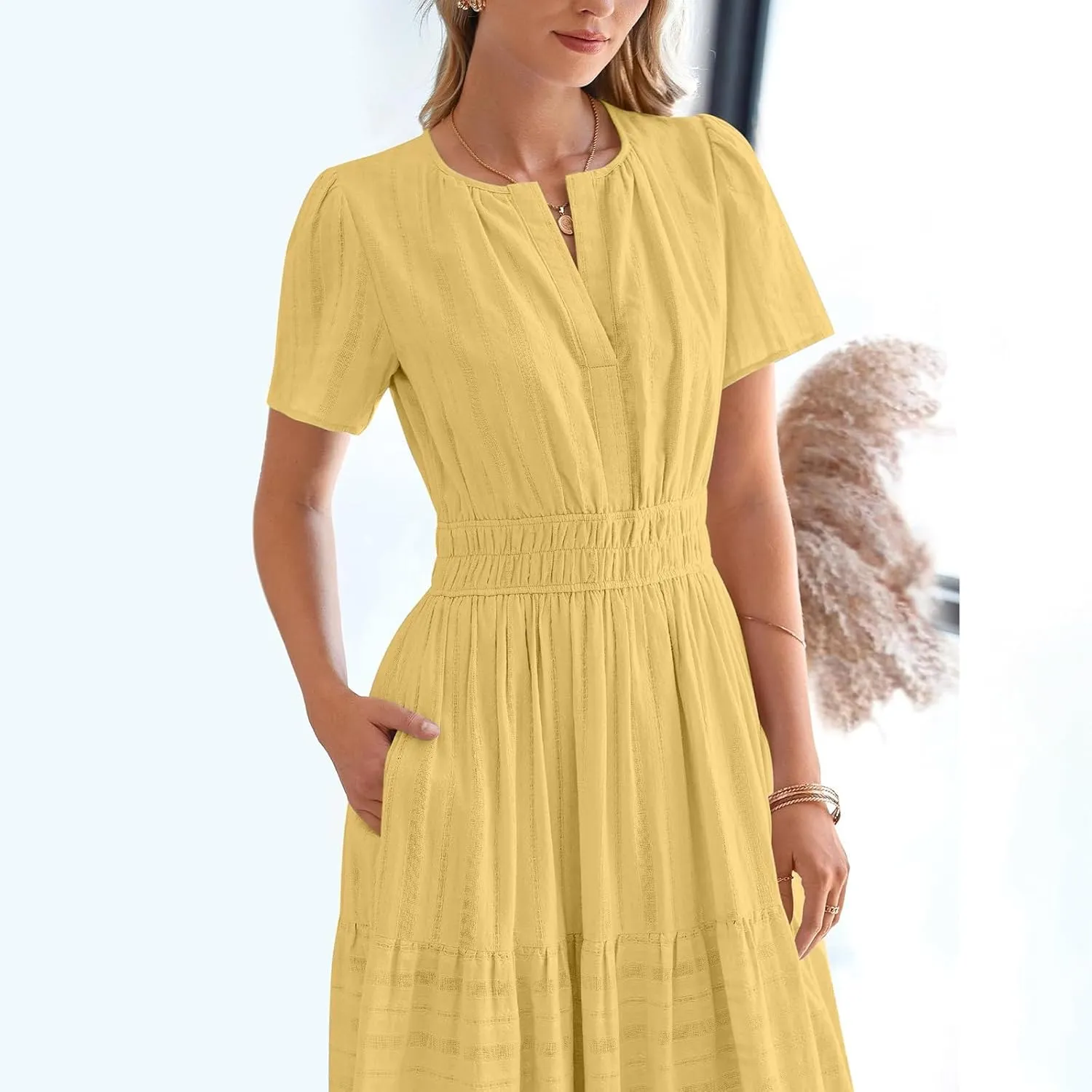 Womens 2025 Summer Casual Midi Dresses Casual Short Sleeve V Neck Elastic Waist Boho Beach Dress with Pockets