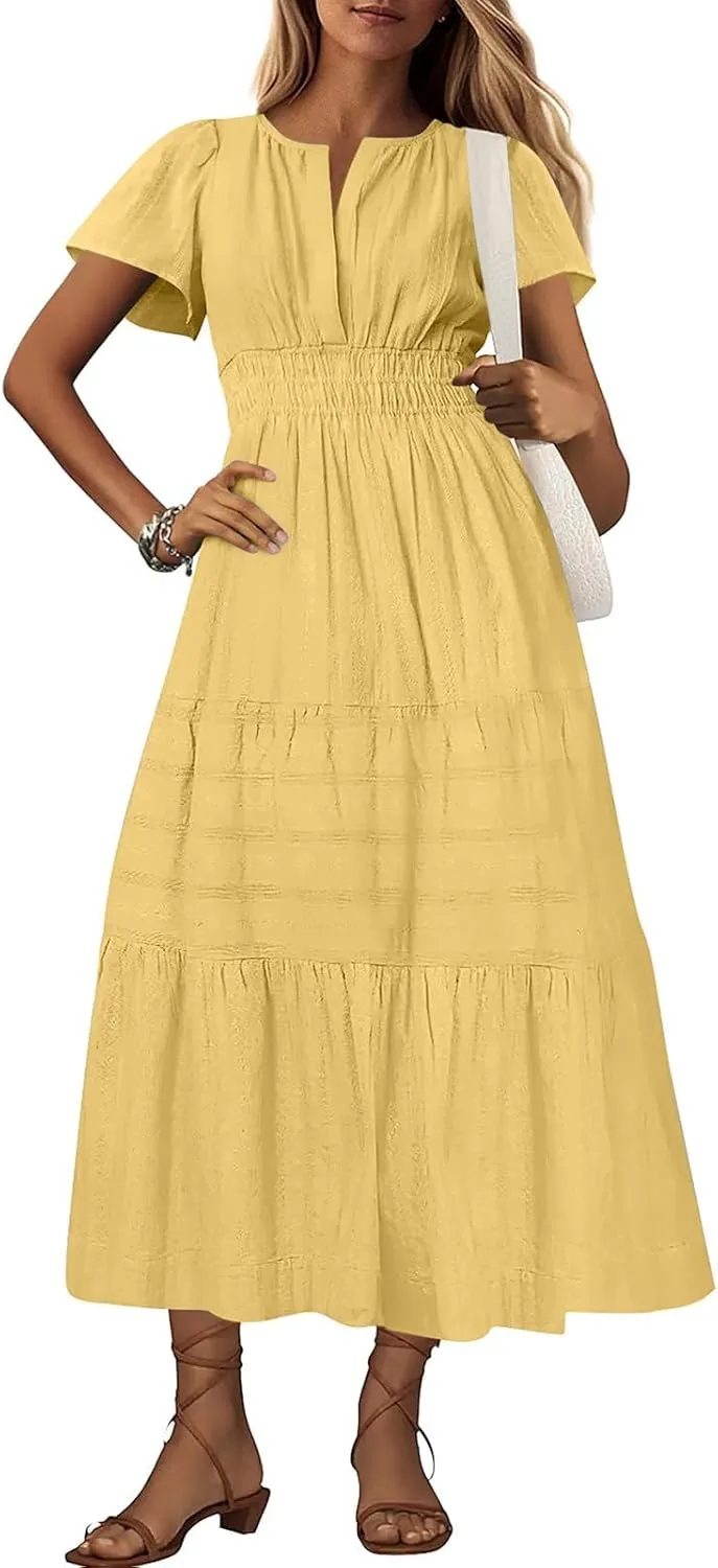 Womens 2025 Summer Casual Midi Dresses Casual Short Sleeve V Neck Elastic Waist Boho Beach Dress with Pockets