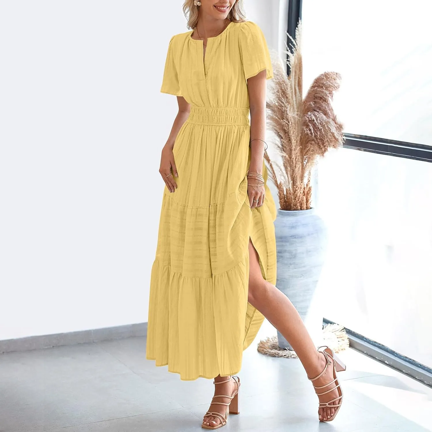 Womens 2025 Summer Casual Midi Dresses Casual Short Sleeve V Neck Elastic Waist Boho Beach Dress with Pockets