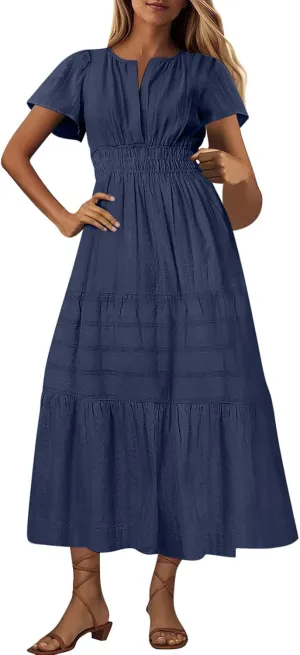 Womens 2025 Summer Casual Midi Dresses Casual Short Sleeve V Neck Elastic Waist Boho Beach Dress with Pockets