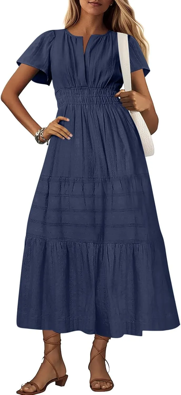 Womens 2025 Summer Casual Midi Dresses Casual Short Sleeve V Neck Elastic Waist Boho Beach Dress with Pockets