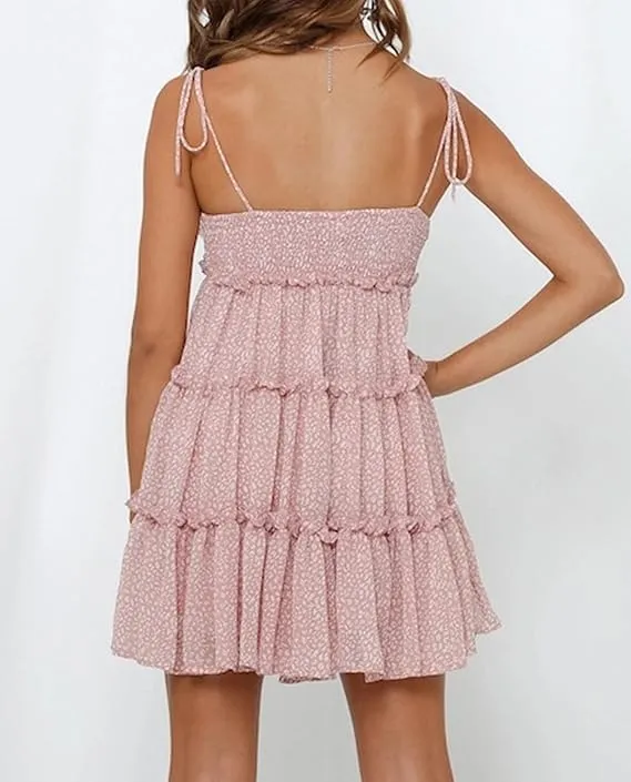 Womens 2025 Summer Floral Mini Dress Boho Flowy Skater Spaghetti Strap Ruffle Sleeveless Beach Dress Sundresses